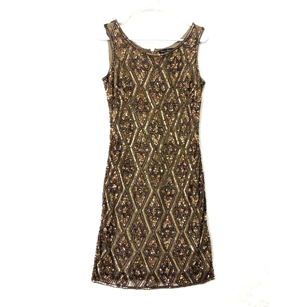 Pisarro Nights Dress Bronze Colored Beaded sleeveless sheath Knee Length Sz 2